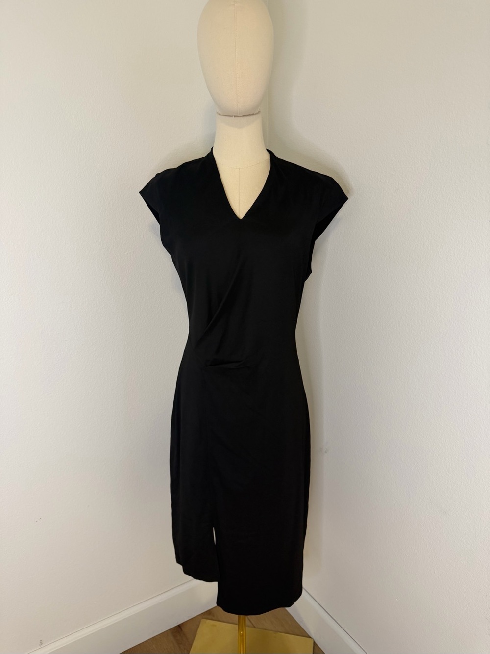 Helmut Lang Black V-Neck Asymmetrical Sheath Midi Dress Size 8